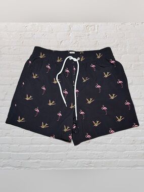 Binske Black Flamingo & Hummingbird Print Swim Trunks in Men’s Size Small